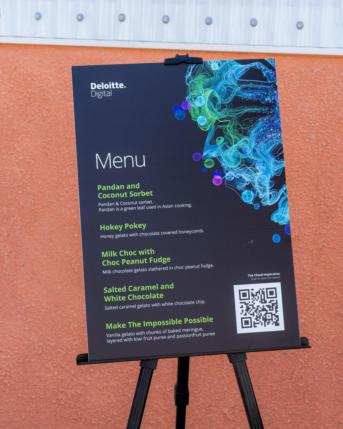 An A2 printed menu for Deloitte Digital on an easel